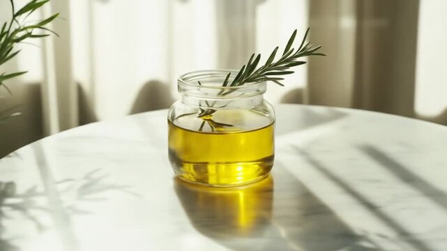 Golden elixir in a glass jar with rosemary sprig capturing the sunlight's embrace