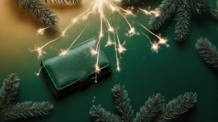 Green leather wallet Christmas festive scene surrounded by fir branches and sparklers lights - Powered by Adobe
