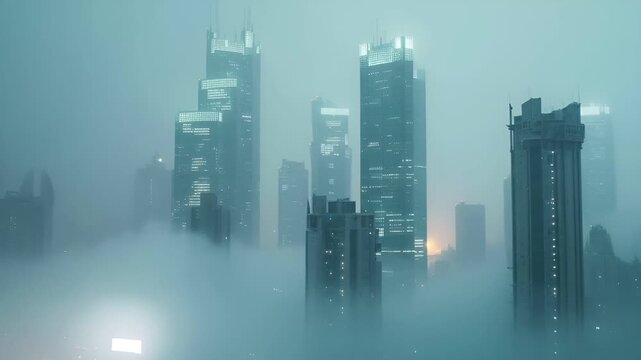 A digital artwork depicting a futuristic cityscape in a misty, foggy environment. The cityscape is dominated by towering skyscrapers.