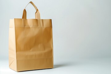 Kraft paper takeout bag mockup, blank label, clean white background, product branding template.