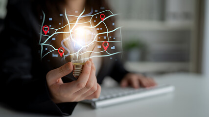 Concept of location tracking and GPS navigation. Map with pins marking a destination and points of interest for travel, delivery routes, or finding a specific address. Fermion