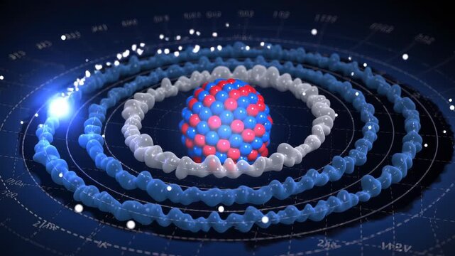 Scientific illustration of powerful atom models nucleus with proton and neutron particles, complex quantum physics concept for technology