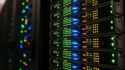 Illuminated server racks showing data center technology and network infrastructure - Powered by Adobe