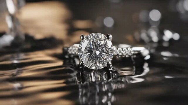 Elegant Diamond Engagement Ring with Pave Band Resting on Reflective Surface with Soft Bokeh Background