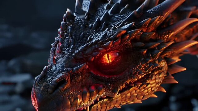A closeup of a dragons eye, showcasing its intricate details and fiery red iris. The dragons scales are a mix of dark and fiery hues, with the eye being particularly striking red.
