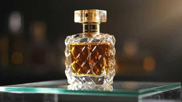 Luxurious Perfume Bottle With Gold Cap and Amber Liquid Displayed on Glass Shelf Studio Lighting Macro Shot