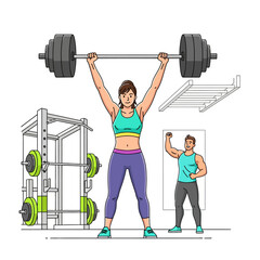 Fototapeta premium A determined woman successfully performs a heavy barbell lift, achieving her fitness goal as a motivational trainer cheers in this vibrant 2D flat vector illustration.