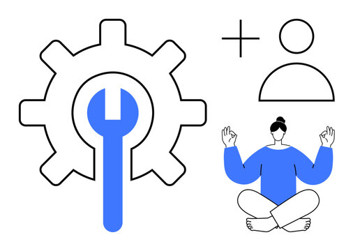 Gear and wrench symbolize problem-solving, meditation suggests mindfulness, and user icon reflects personalization. Ideal for productivity, self-care, strategy, balance, innovation, customization