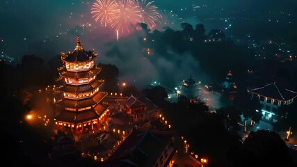 Chinese lunar new year Chunjie celebration concept. Aerial view of traditional Chinese pagoda during nighttime with fireworks illuminating sky and surrounding area.