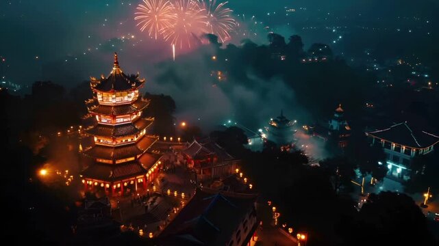 Chinese lunar new year Chunjie celebration concept. Aerial view of traditional Chinese pagoda during nighttime with fireworks illuminating sky and surrounding area.