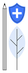 Pencil emphasizes creativity, shield with cross represents protection and health, and leaf signifies eco-focus. Ideal for sustainability, education, healthcare, creativity, safety, growth