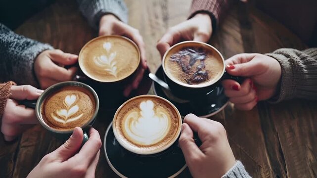 A closeup shot of a persons hands holding cups of coffee on a wooden table. The person is wearing a gray sweater and has a red nail polish.