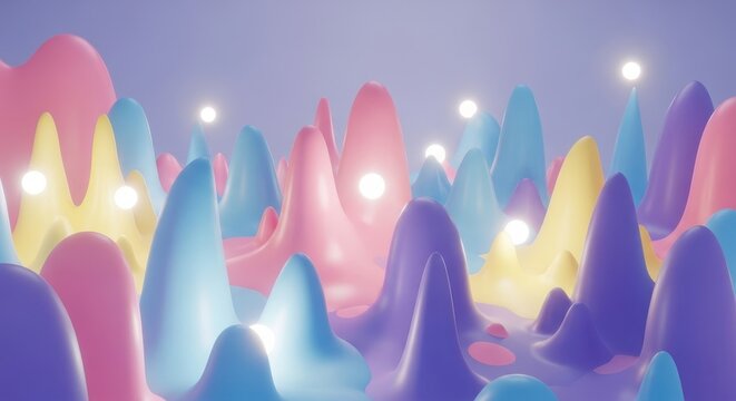 Pastel mountains with radiant spheres provide a dreamy and inviting visual adventure