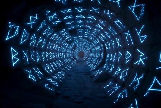 Mystical portal with glowing rune symbols motion background cinematic footage loopable runic tunnel abstract shapes dynamic clip dark mysterious pathway