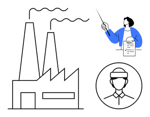 Factory with smokestacks emitting fumes, manager explaining report with pointer, worker in hard hat. Ideal for industry, safety, manufacturing, operations, planning environment teamwork. Simple