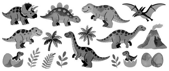 Cute Dinosaur Clipart Set Black White Halftone Cartoon Kids Jurassic PNG Transparent Background