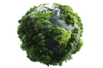 Green earth globe covered with trees isolated on transparent background