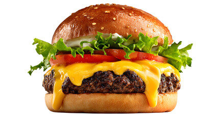 Delicious cheeseburger with fresh toppings isolated on transparent background