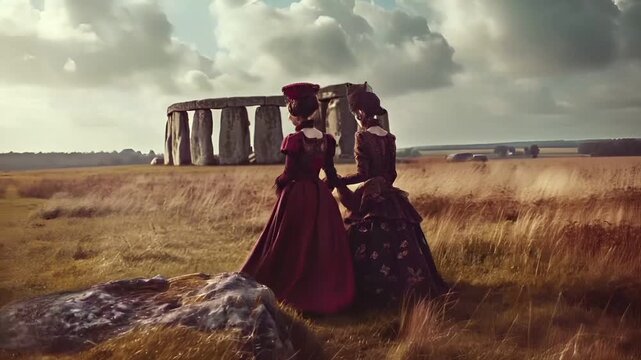 A vivid portrayal of two women in Victorianera dresses, standing in a vast, open field with a stone structure in the background. The sky overhead is partly cloudy.