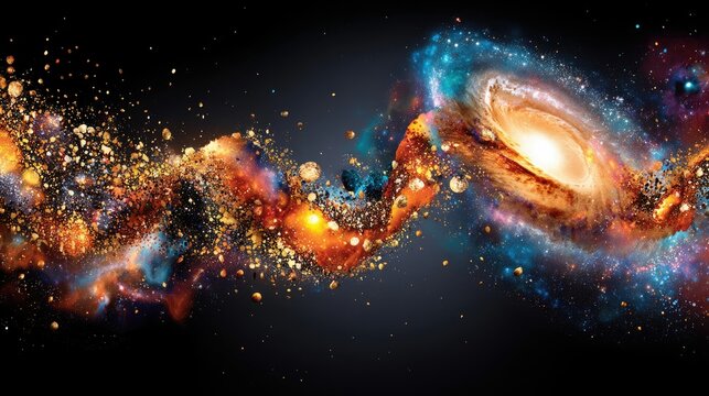 A dynamic and visually striking depiction of two galaxies in the process of colliding, with swirling nebulae in vibrant blues and oranges, and numerous asteroid