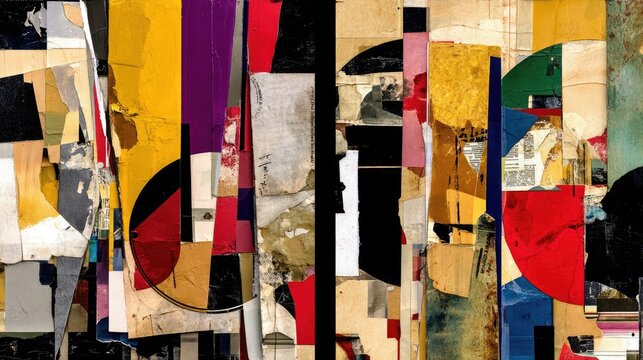 A richly textured abstract collage composed of torn paper, geometric shapes, and bold colors like yellow, red, purple, and black. The composition is dynamic and