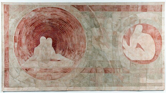 An abstract artwork depicting two silhouetted figures embracing within a red circular pattern, and a single silhouetted figure in a smaller red circle on the ri