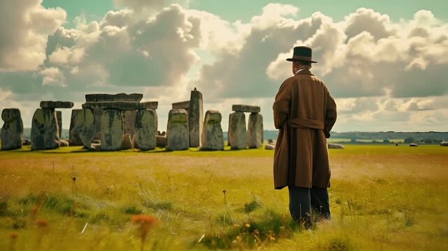 A man in a brown coat and hat stands in a grassy field, overlooking a stonehenge monument under a partly cloudy sky.