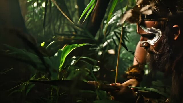 Aboriginal man with tribal face paint and feathered headdress in jungle setting.