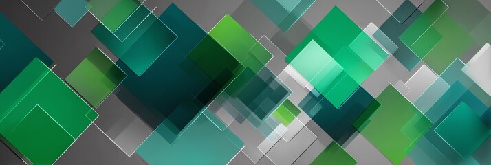 layered translucent geometric shapes, squares and rectangles in green and slate blue, creating depth and perspective on charcoal grey background for web banner for high tech corp