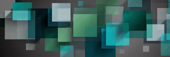 corporate background with layered translucent geometric shapes, flat squares and rectangles in emerald green and slate blue in panoramic style