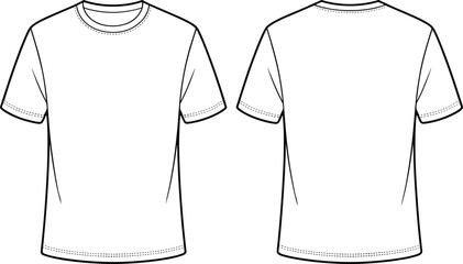 Plain t-shirt front and back view, short sleeves, V-neckline, stitching detail, fashion sketch, garment template, apparel design, technical illustration