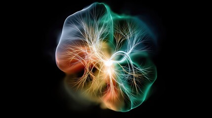 A vibrant, abstract form resembling a neural network or a blooming flower, with glowing, branching structures in shades of orange, yellow, teal, and white, set