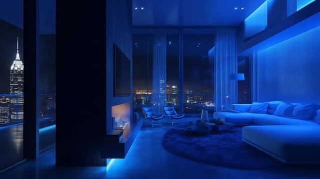 Modern luxury apartment interior design with blue lighting and stunning city views