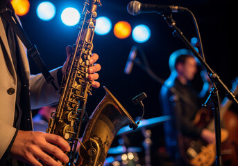 Obraz premium jazz band performing on stage at the club. AI generative.