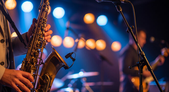 jazz band performing on stage at the club. AI generative.