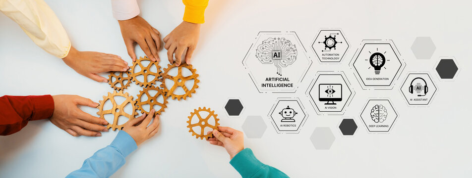 A vibrant image displaying diverse hands working with gears, symbolizing collaboration in artificial intelligence and technology. Icons illustrate various concepts in a modern, creative setting. Trope