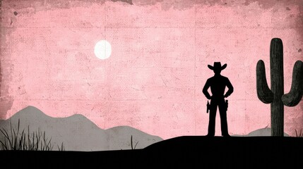 Silhouette of a cowboy wearing a hat and holding his hands on his hips, standing in a desert landscape with a saguaro cactus and a full moon in a pink sky.