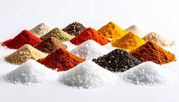 Assortment of colorful spices and salt piles against a white background photo