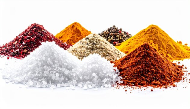 Assortment of colorful spices and salt piles against a white background photo