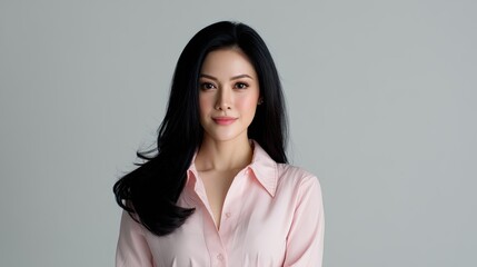 Obraz premium Elegant young woman with long black hair wearing light pink shirt against neutral background, exuding confidence and grace in a professional setting