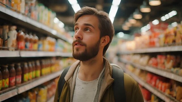 A man with a beard and glasses is shopping in a grocery store. He is wearing a brown jacket with a white shirt underneath. The store is filled with shelves stocked with various products.