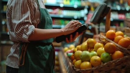 A person in a striped shirt and green apron is using a smartphone in a grocery store. The person is wearing a striped apron and is holding a black smartphone.