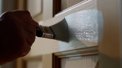 Painter applying fresh coat of paint to wooden door with smooth strokes, close-up of brush in motion for home improvement projects, DIY renovation - Powered by Adobe