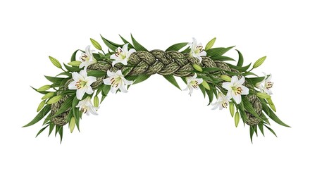 Elegant garland featuring white lilies and braided rope isolated on a clean background