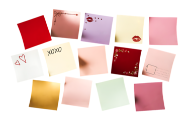 Collection of colorful sticky notes with hand-drawn love-themed doodles perfect for Valentines Day messages isolated on white