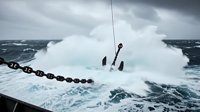 Massive Ship Anchor Descending Into Stormy Ocean Waves Dynamic Motion