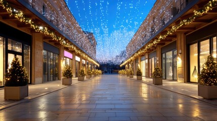 Fototapeta premium Beautiful Winter Shopping Street Decorated with Twinkling Lights and Christmas Trees Under a Clear Blue Sky at Dusk