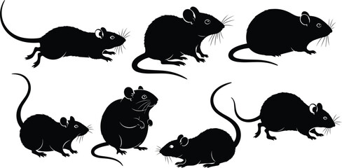 Black Mouse and Rat Silhouette Vector Set, Rodent Poses Collection for Pest Control, Animal Research, Veterinary Clinic, or Nature Logo and Icon Design.