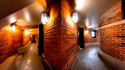 An interior view of a curving hallway with exposed brick walls, illuminated by warm wall sconces and overhead lights. Stairs are visible in the background.