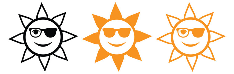 Cool smiling sun icons for summertime designs and vacation themes,Hand drawn Sun.Set of Sun icon.Sun wearing sunglasses. Solar icon.Sun icon set.Cute smiling sun icon.sun star icons collection.Summer